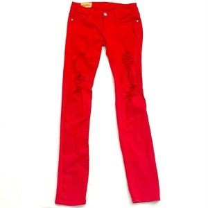 Machine Distressed Red Low Rise Jeans Denim